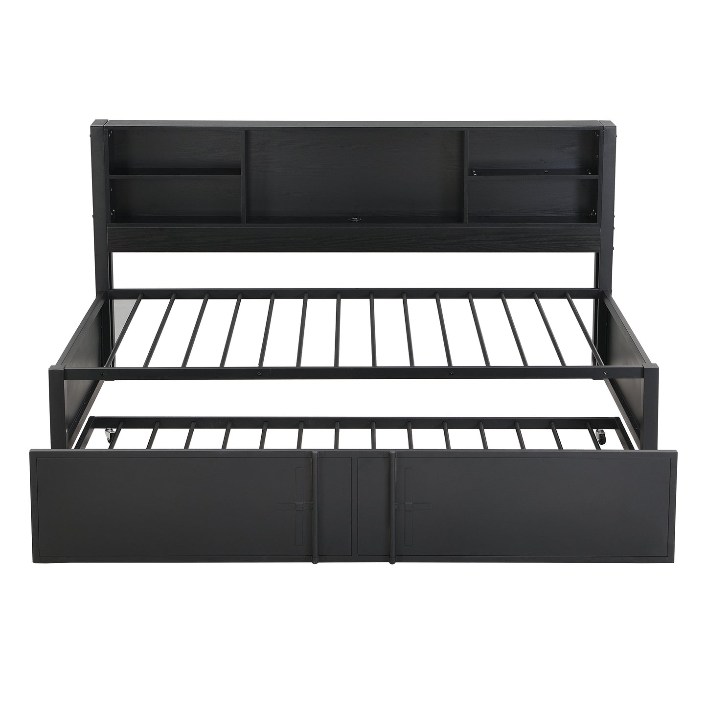 Metal Twin Size Daybed with Twin Size Trundle, Storage Shelves and USB Ports, Black
