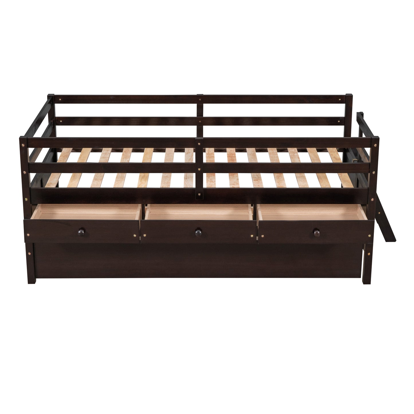 Low Loft Bed Twin Size with Full Safety Fence, Climbing ladder, Storage Drawers and Trundle Espresso Solid Wood Bed