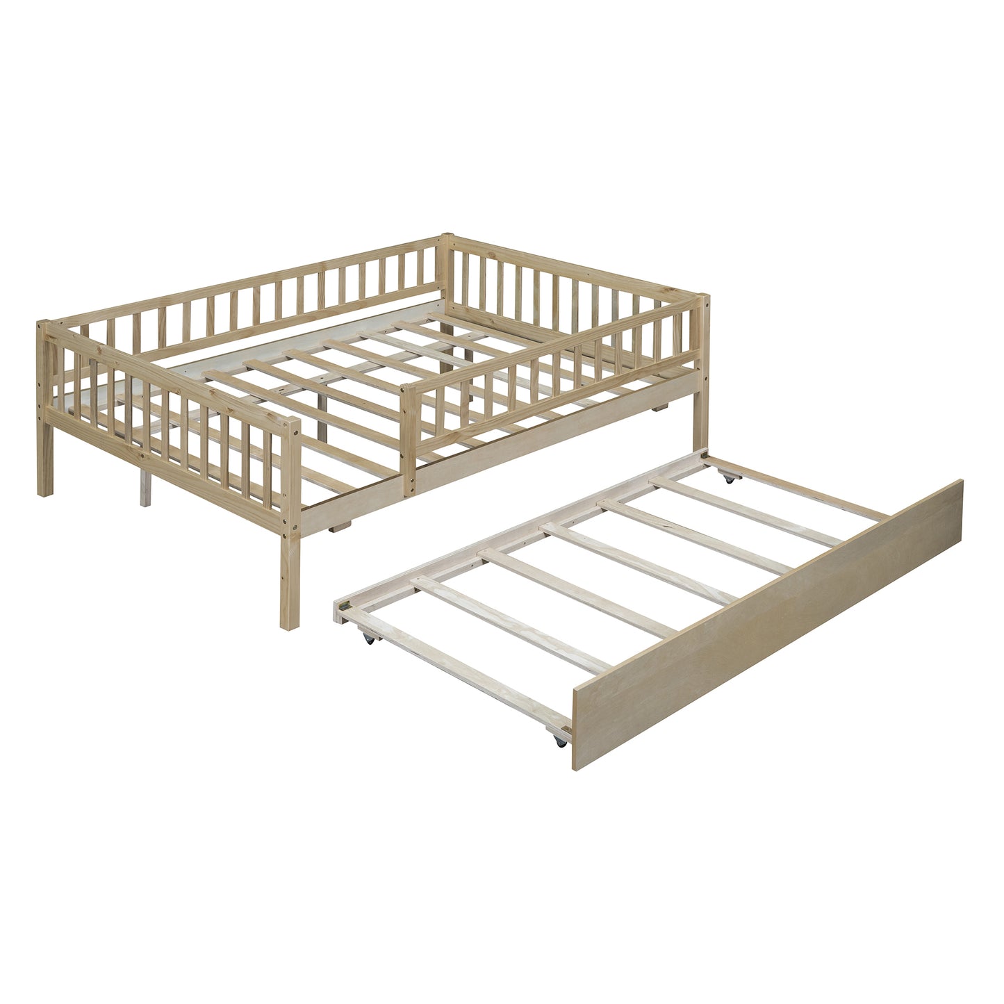 Full Size Wood Daybed with Trundle and Fence Guardrails, Natural
