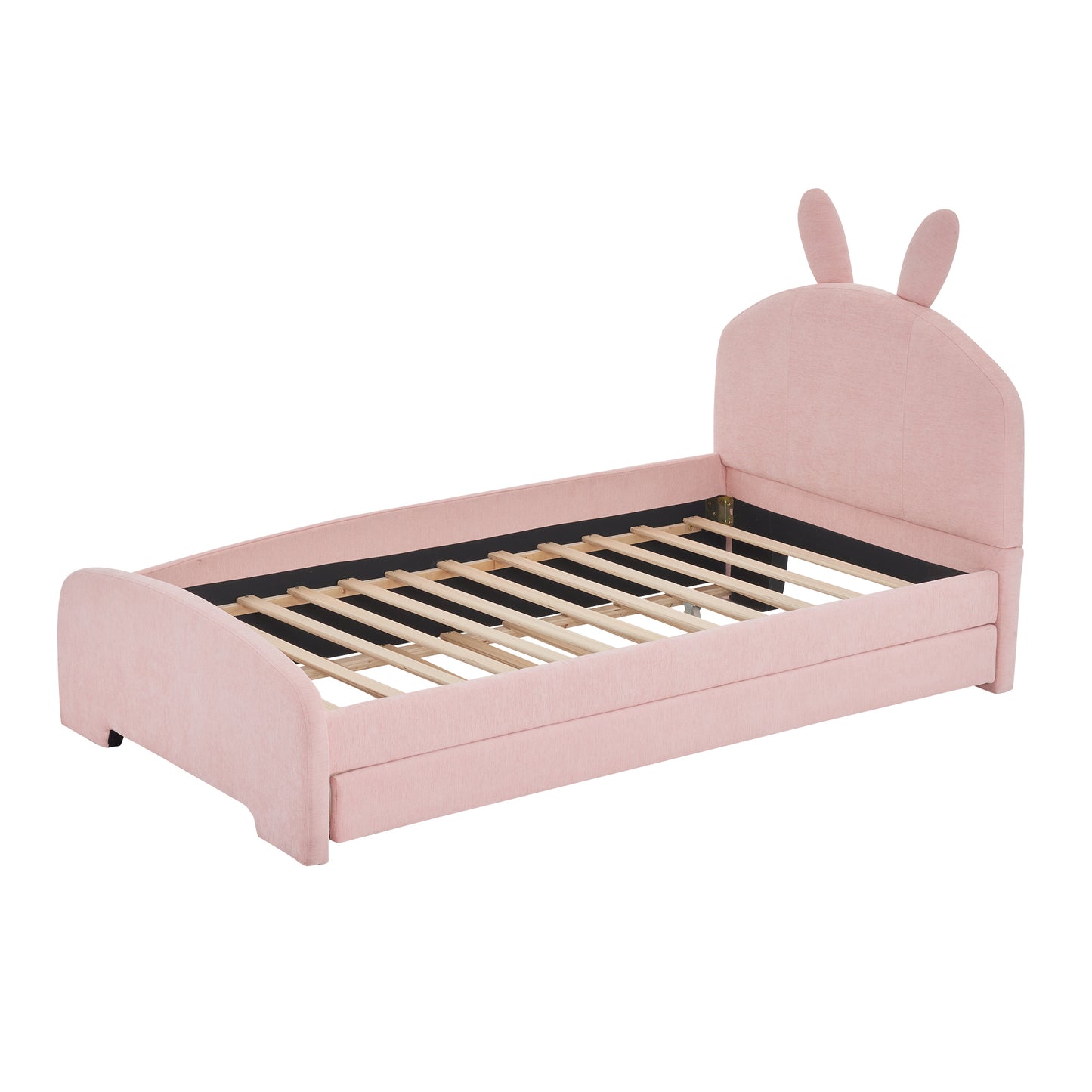 Twin Size Upholstered Platform Bed with Cartoon Ears Shaped Headboard and Trundle, Pink