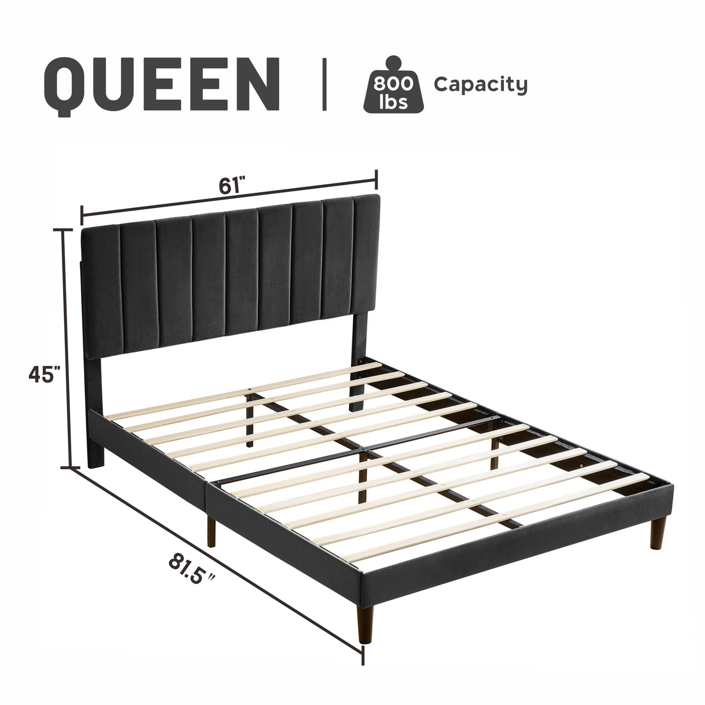 Queen Size Platform Bed with Upholstered Headboard and Slat Support, Heavy Duty Mattress Foundation, No Box Spring Required, Easy to Assemble, Black