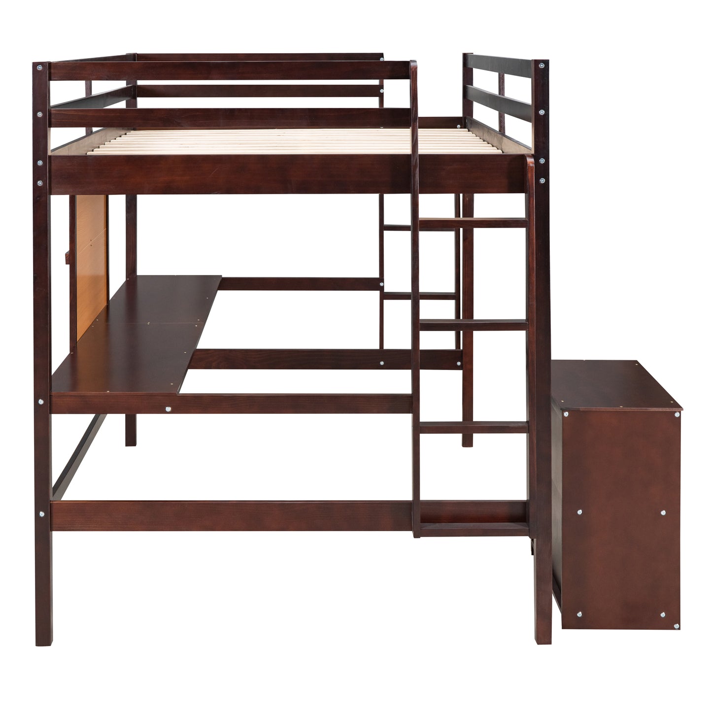 Twin size Loft Bed with Desk and Writing Board, Wooden Loft Bed with Desk & 2 Drawers Cabinet- Espresso