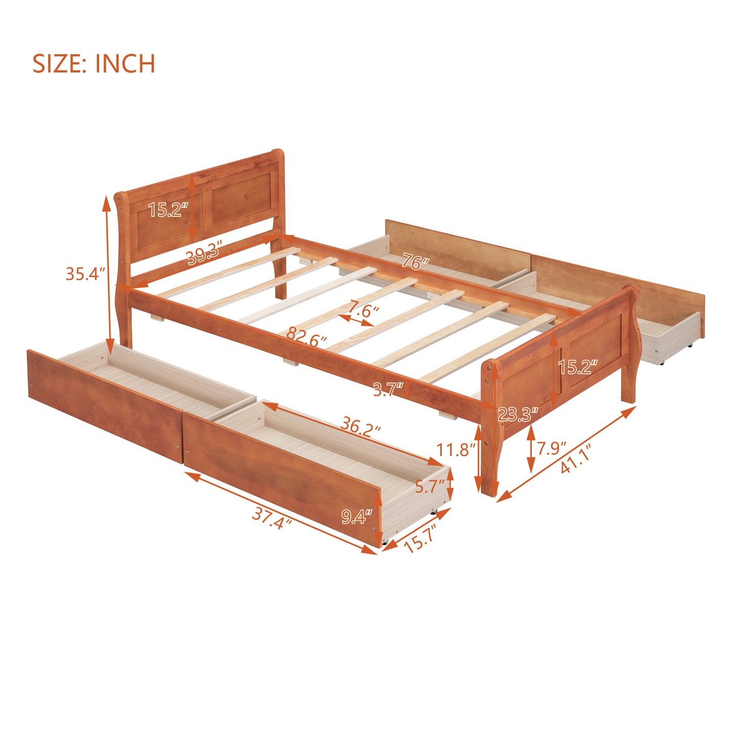 Twin Size Wood Platform Bed with 4 Drawers and Streamlined Headboard & Footboard, Oak