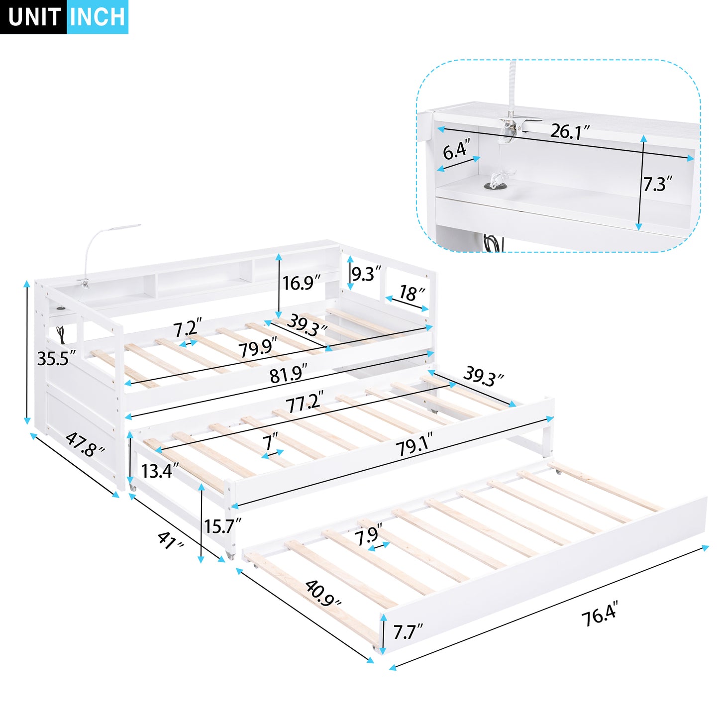 Twin XL Wood Daybed with 2 Trundles, 3 Storage Cubbies, 1 Light for Free and USB Charging Design, White