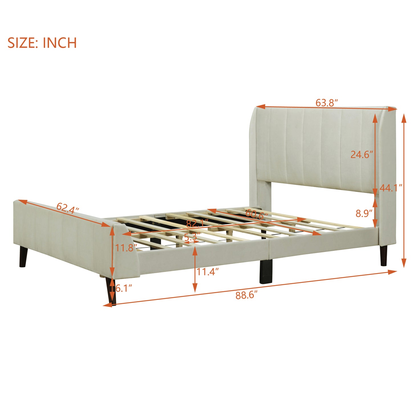 Queen Size Upholstered Platform Bed, Velvet, Beige