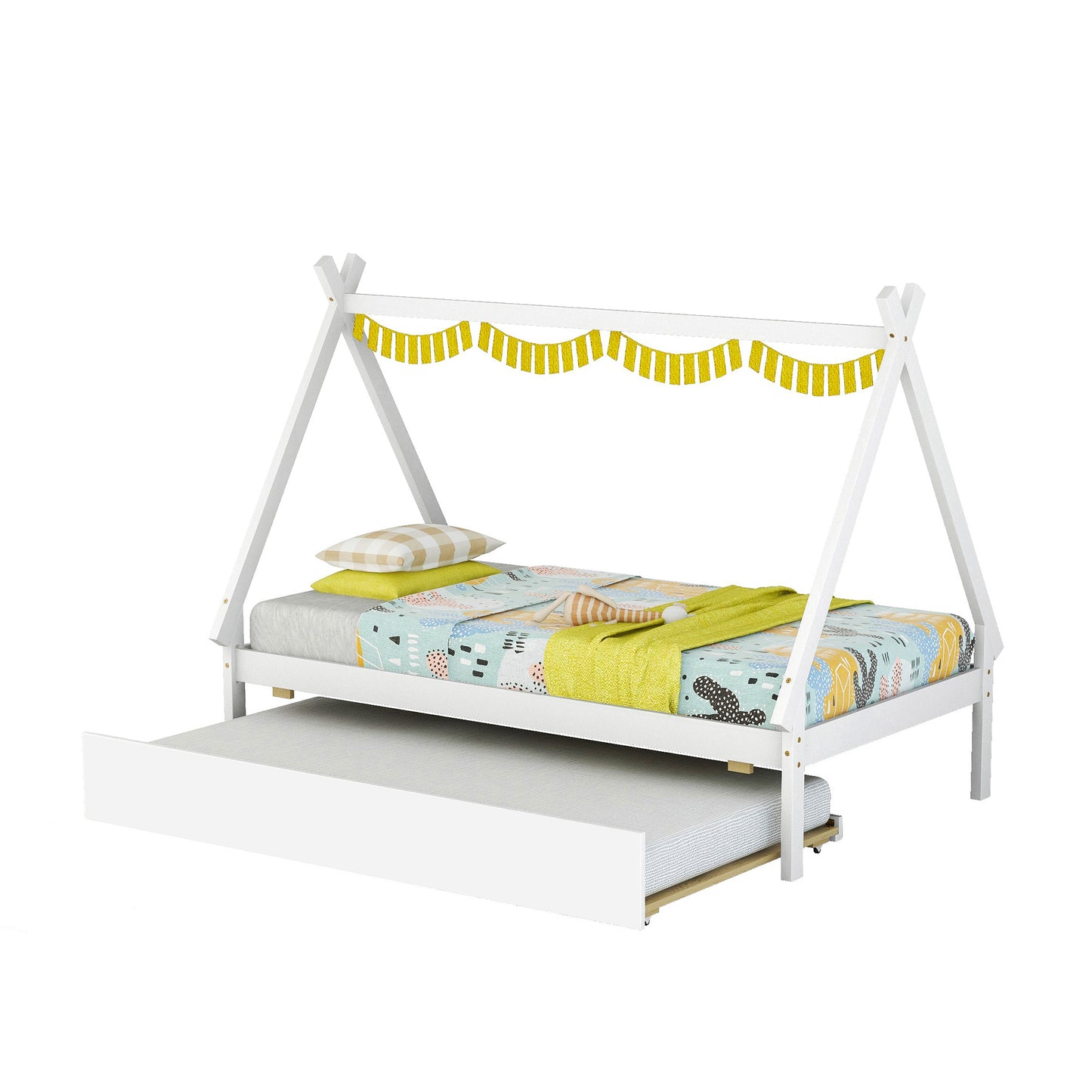 Twin size Tent Floor Platform Bed, Teepee Bed, with Trundle,White