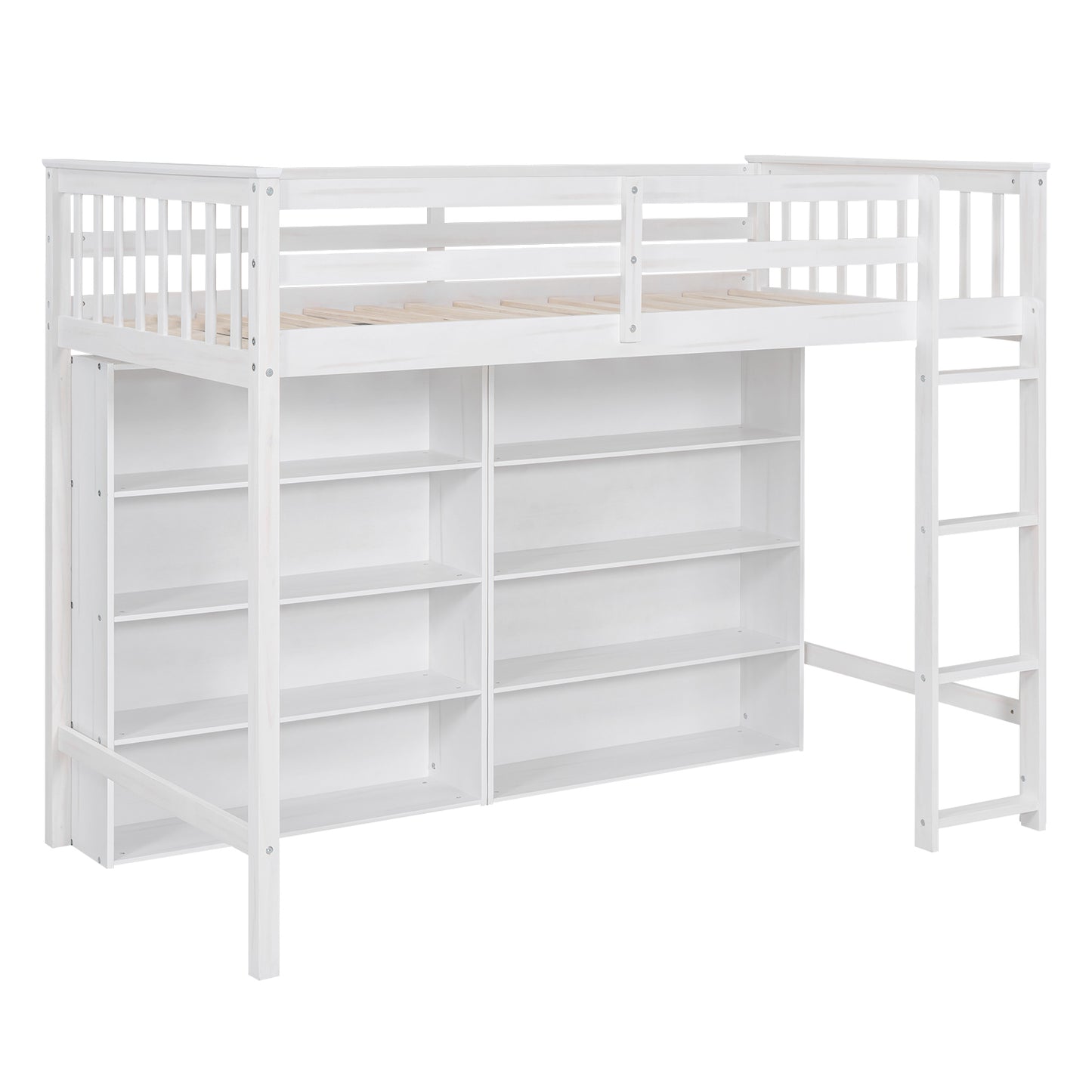 Twin Size Loft Bed with 8 Open Storage Shelves and Built-in Ladder, White