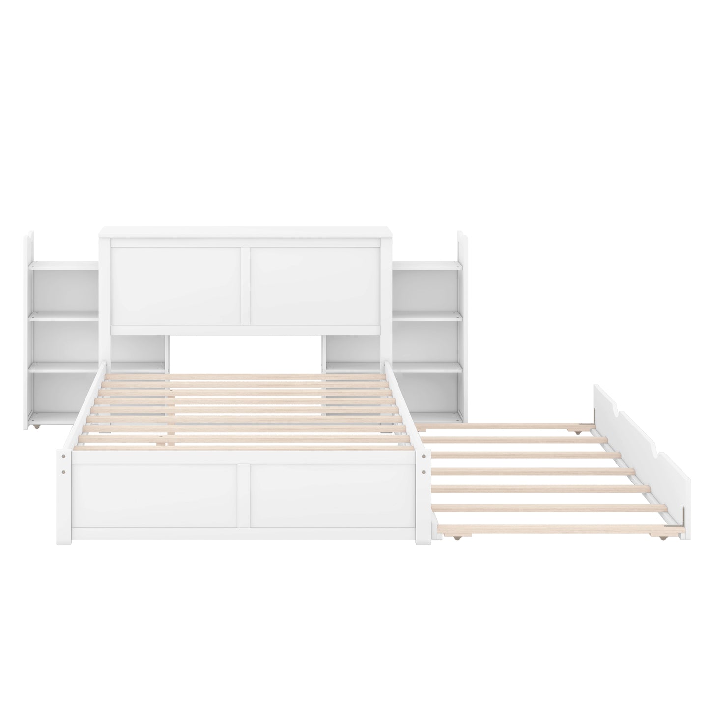 Full Size Storage Platform Bed with Pull Out Shelves and Twin Size Trundle, White