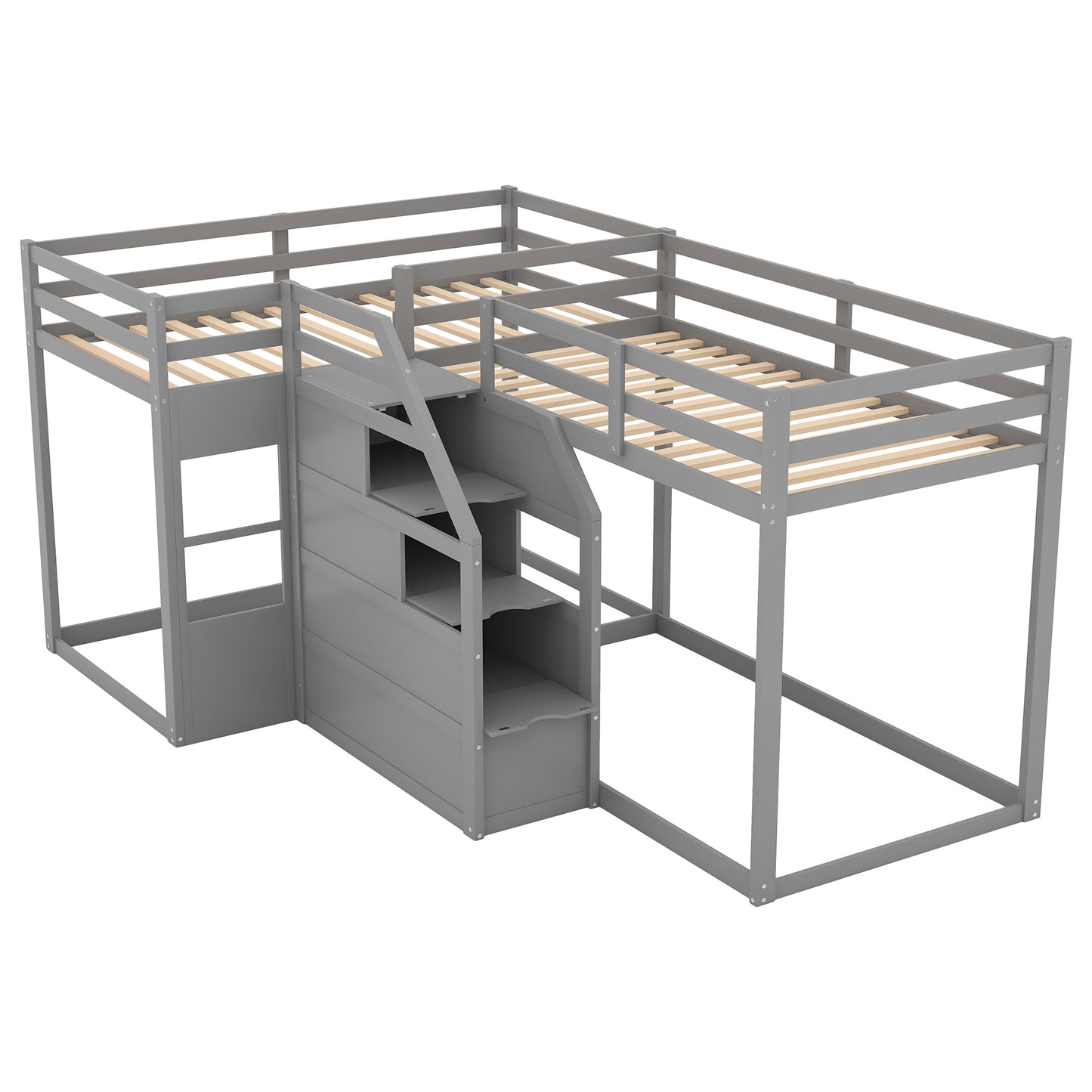 Twin over Twin L-Shaped Bunk Bed with Built-in Middle Staircase,Gray