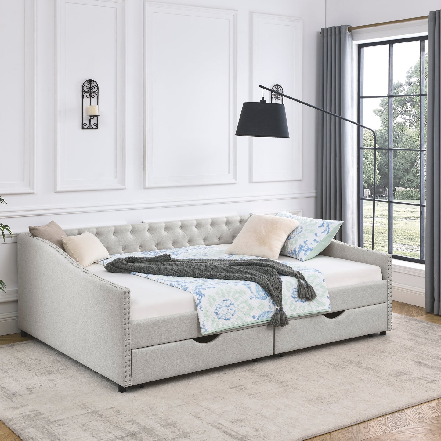 Queen Size Upholstered Tufted Daybed with Drawers, Button on Back and Copper Nail on Waved Shape Arms, Beige