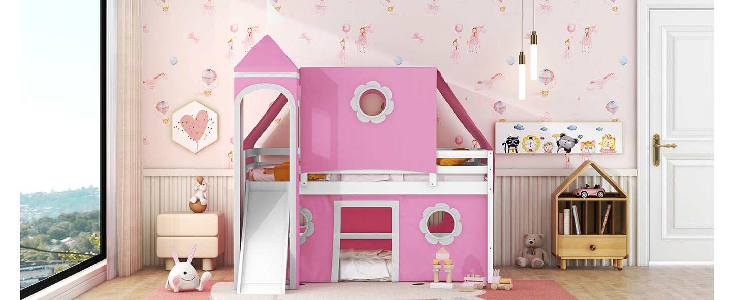 Full Size Bunk Bed with Slide Pink Tent and Tower - Pink