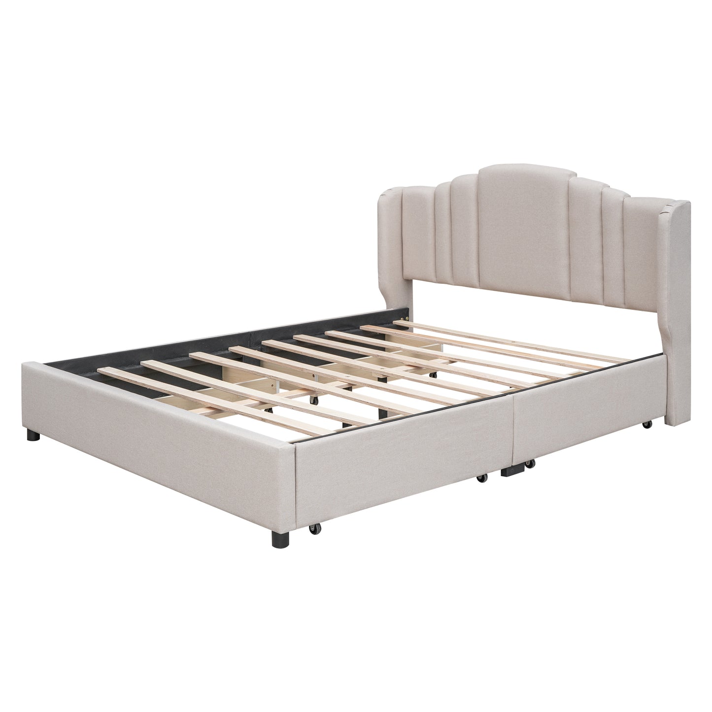 Upholstered Platform Bed with Wingback Headboard and 4 Drawers, No Box Spring Needed, Linen Fabric, Queen Size Beige