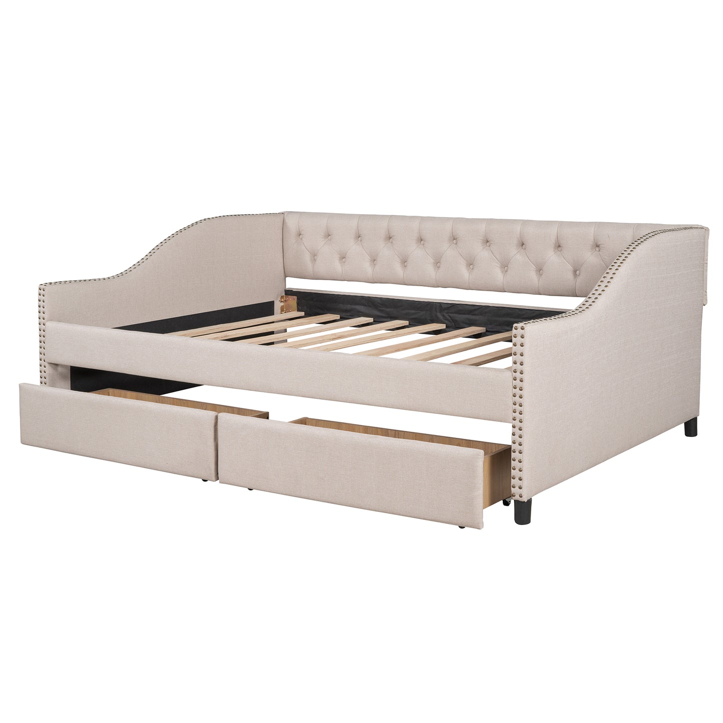 Upholstered daybed with Two Drawers, Wood Slat Support, Beige, Full Size