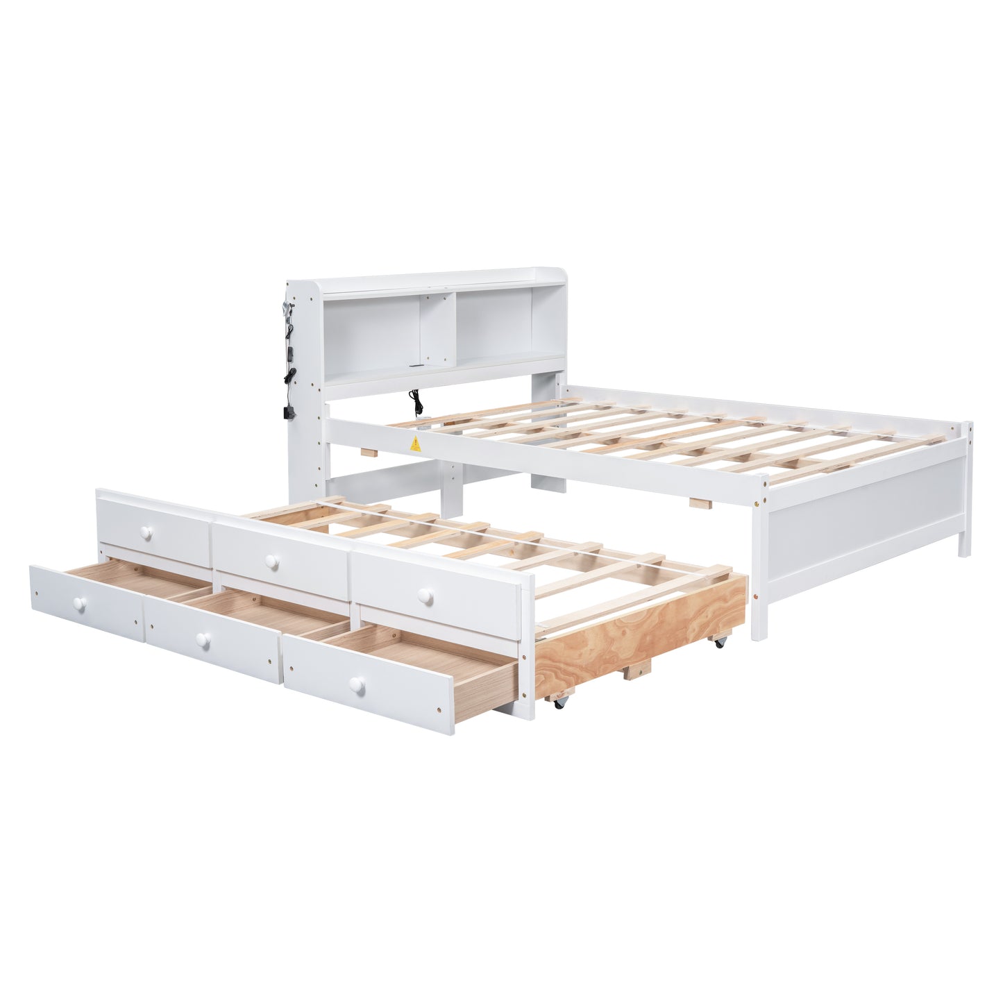 Full Size Platform Bed with USB & Type-C Ports, LED light, Bookcase Headboard, Trundle and 3 Storage Drawers - White