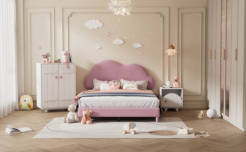Full size Upholstered Cloud-Shape Bed ,Velvet Platform Bed with Headboard,No Box-spring Needed,Pink