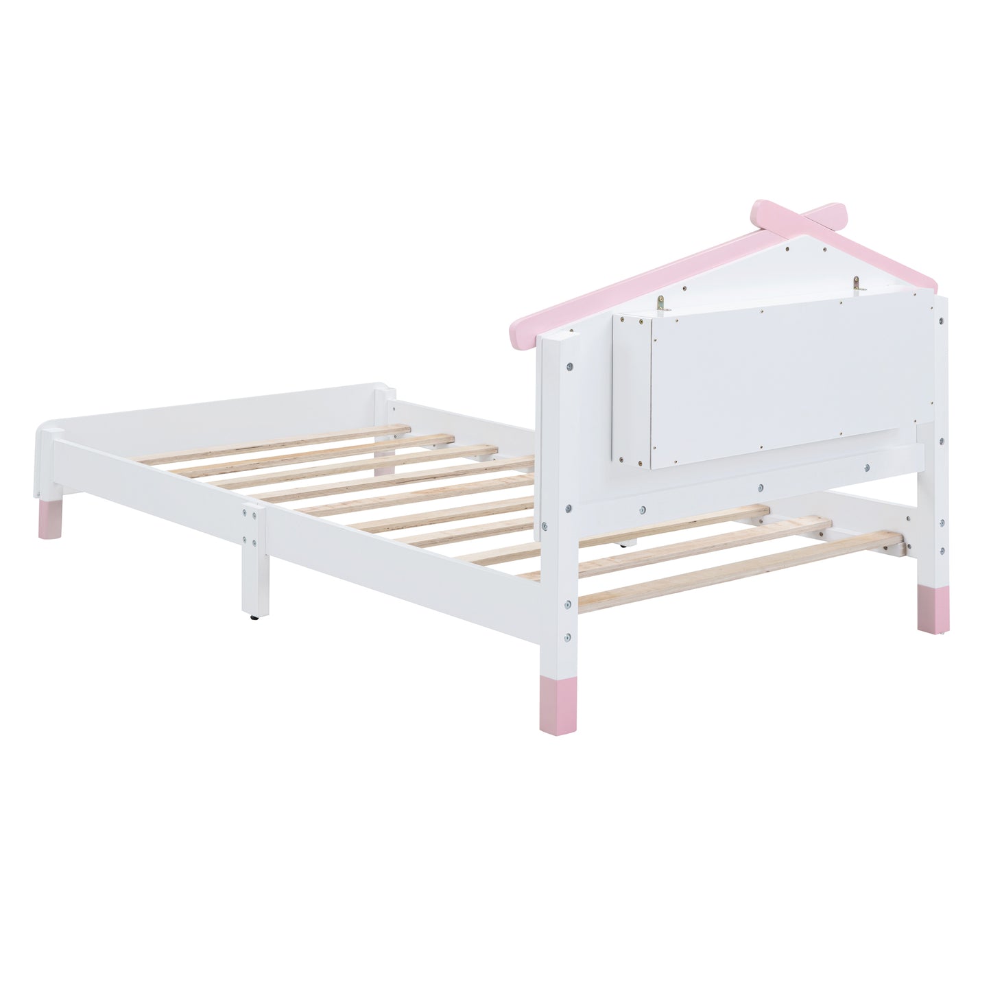 Twin Size Wood Platform Bed with House-shaped Headboard and Motion Activated Night Lights (White+Pink)
