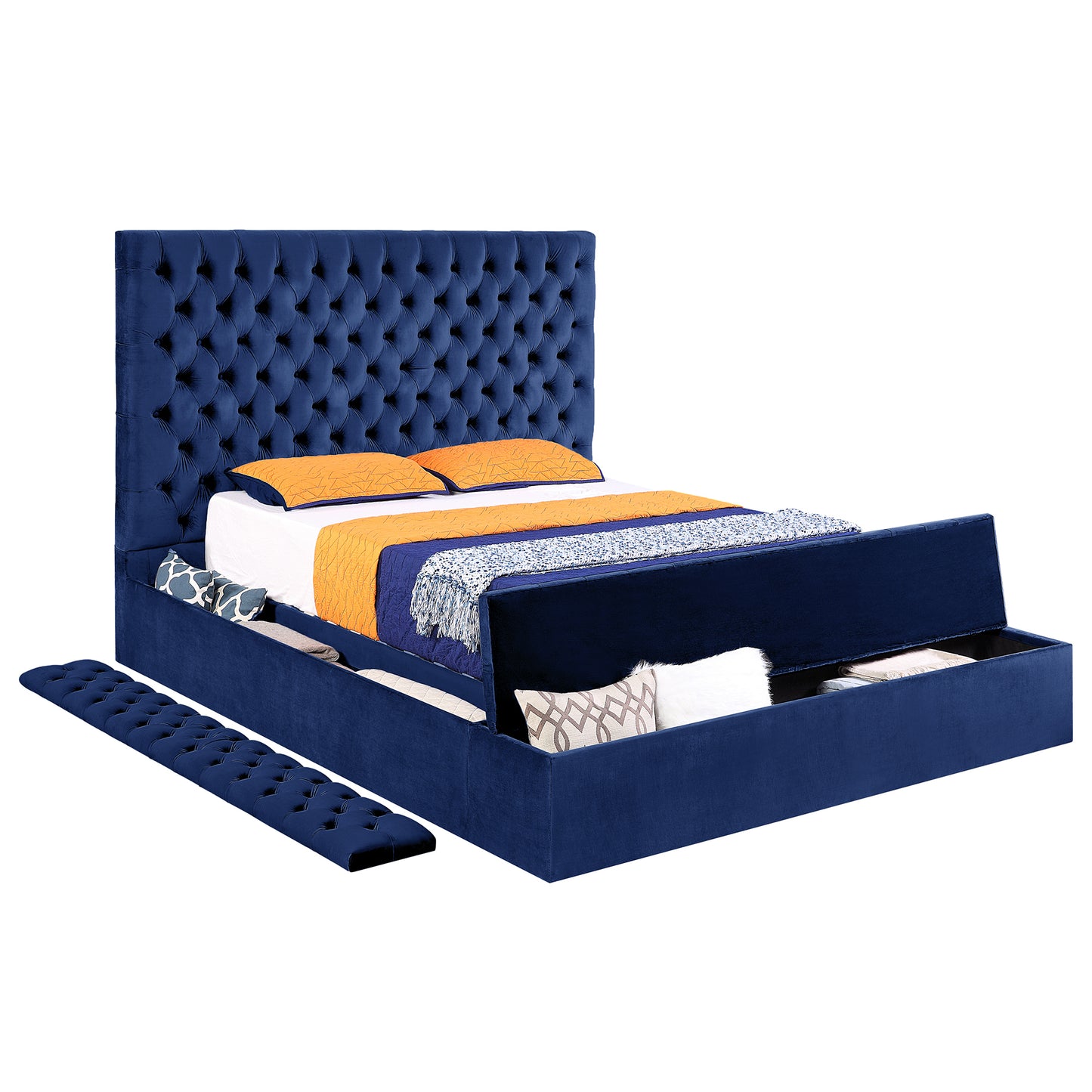 Contemporary Velvet Upholstered Bed with Storage Locker, Deep Button Tufting, Solid Wood Frame, High-density Foam, King Size