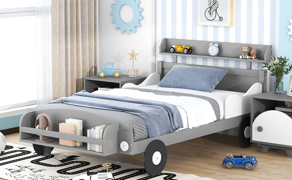Twin Size Car-Shaped Platform Bed,Twin Bed with Storage Shelf for Bedroom,Gray