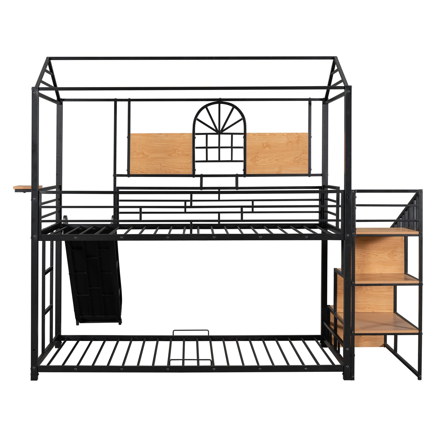 Twin Over Twin Metal Bunk Bed, Metal Housebed with Slide and Storage Stair, Black with Black Slide