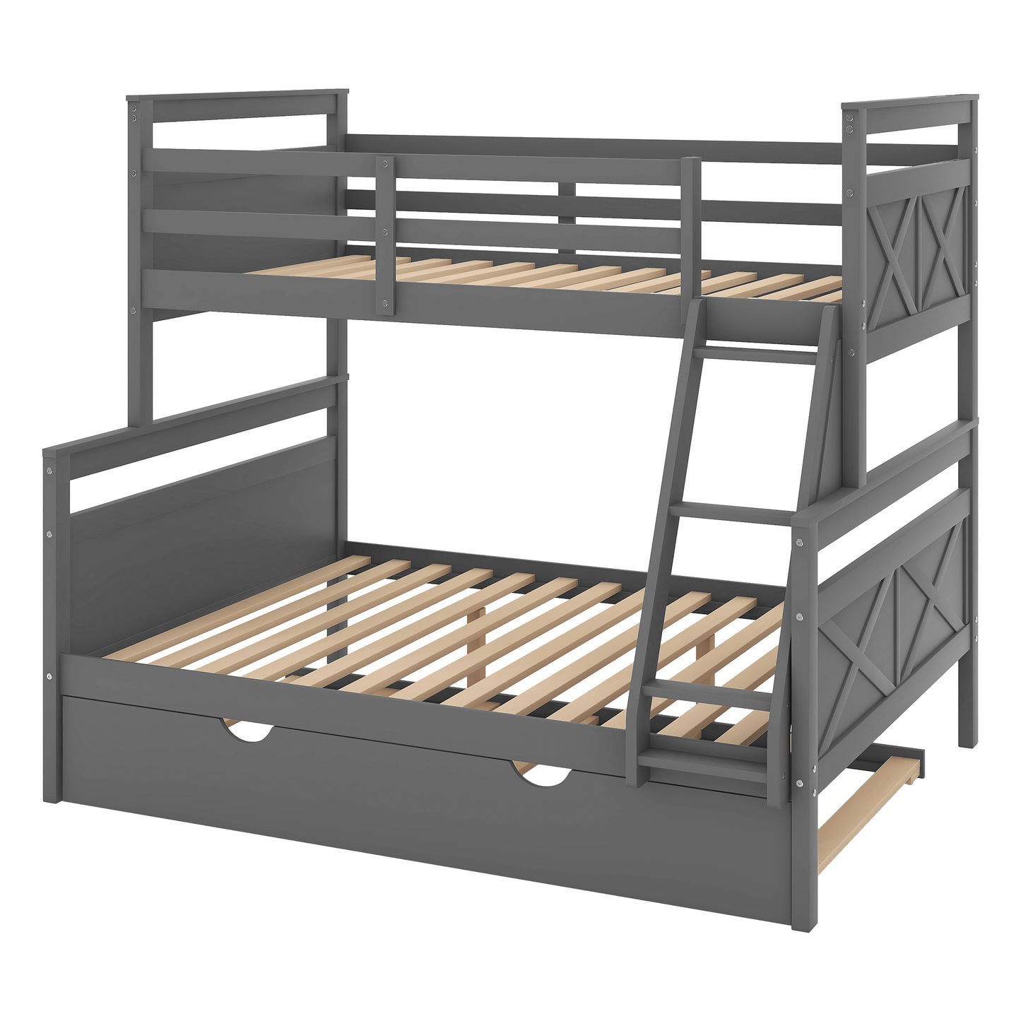 Twin over Full Bunk Bed with Ladder, Twin Size Trundle, Safety Guardrail, Gray