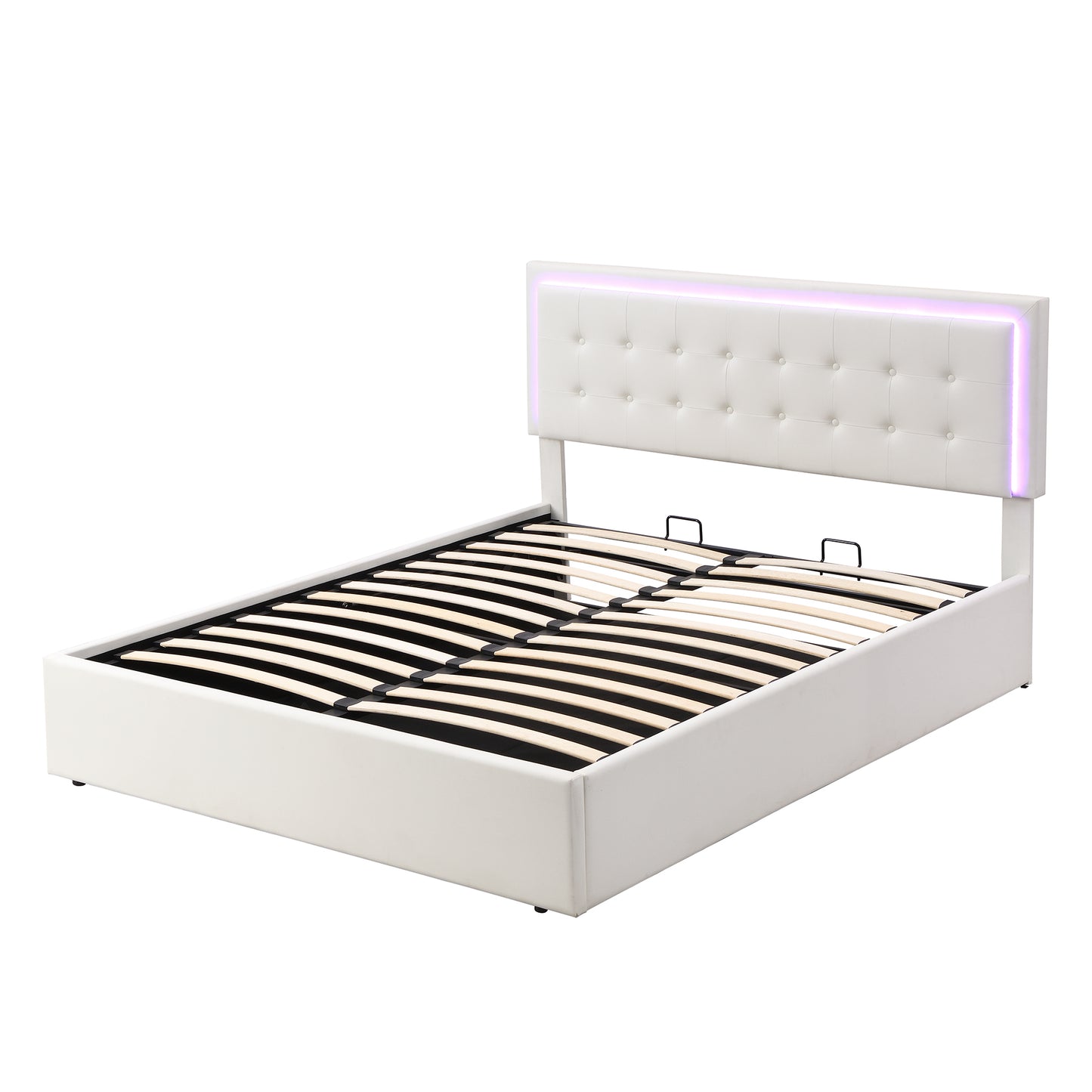 Queen Size Tufted Upholstered Platform Bed with Hydraulic Storage System,PU Storage Bed with LED Lights,White