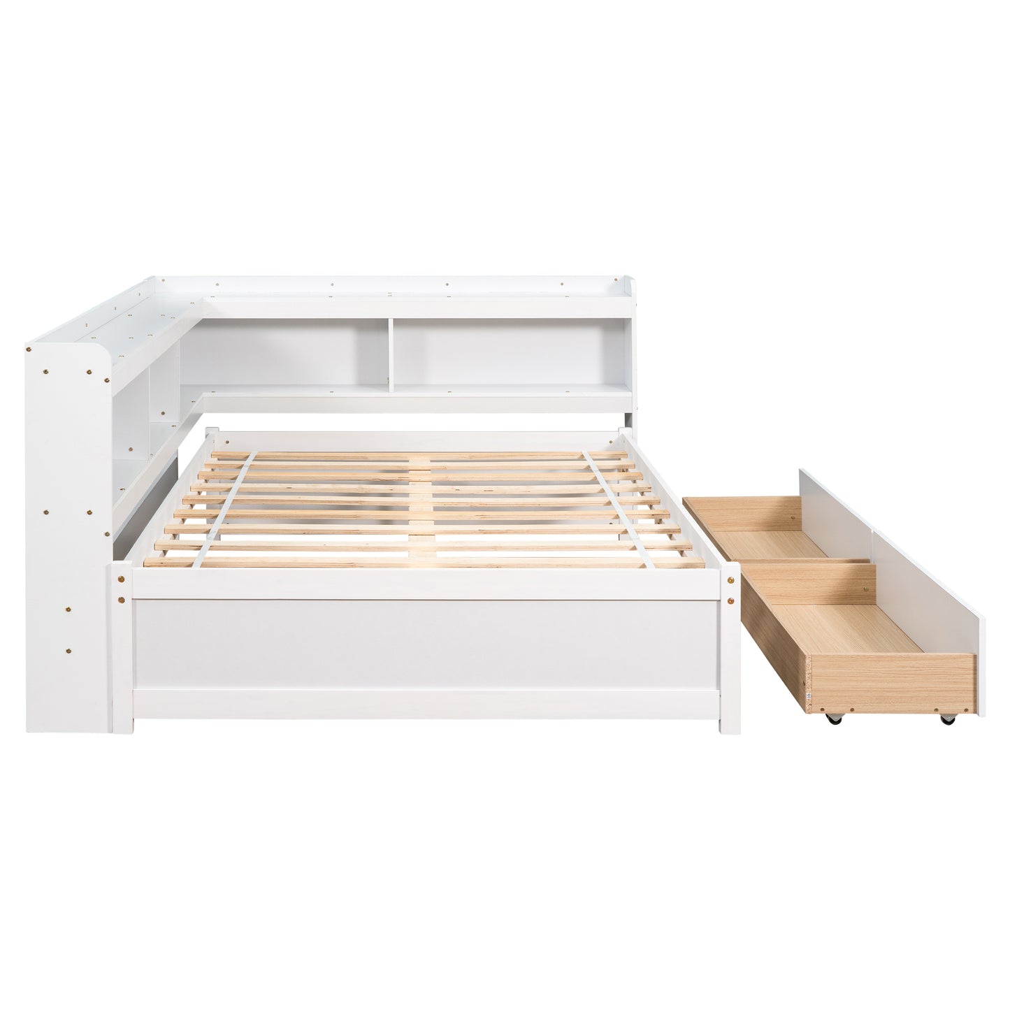 Full Size Platform Bed with L-shaped Bookcases, Drawers, White