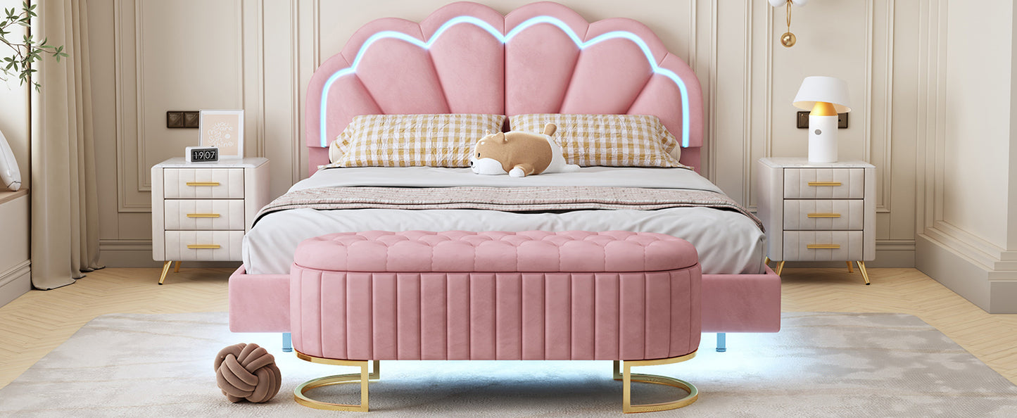 2-Pieces Bedroom Sets,Queen Size Upholstered LED Platform Bed with Storage Ottoman-Velvet,Pink