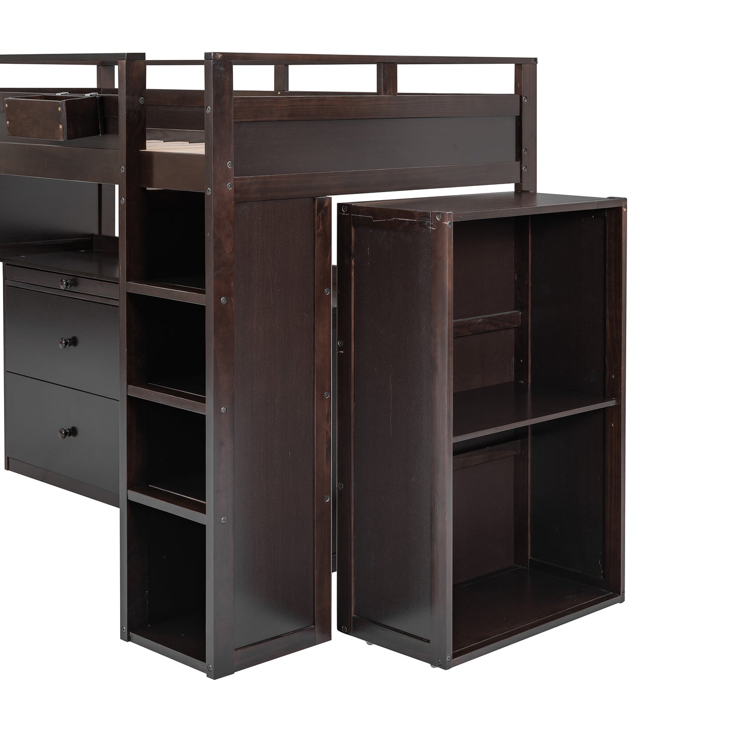 Twin Loft Bed with Rolling Cabinet and Desk - Espresso