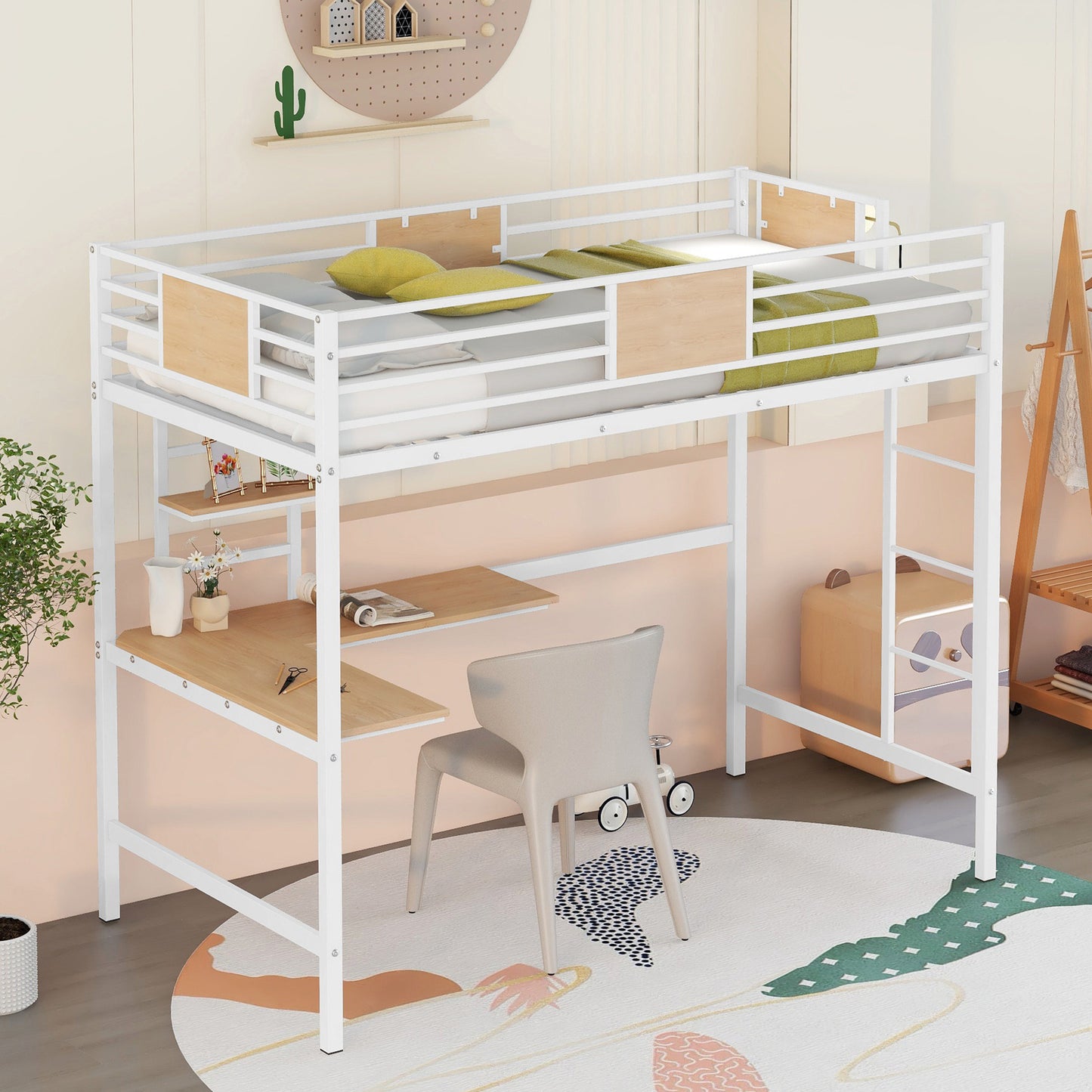 Twin Metal Loft Bed with Desk and Shelve,White