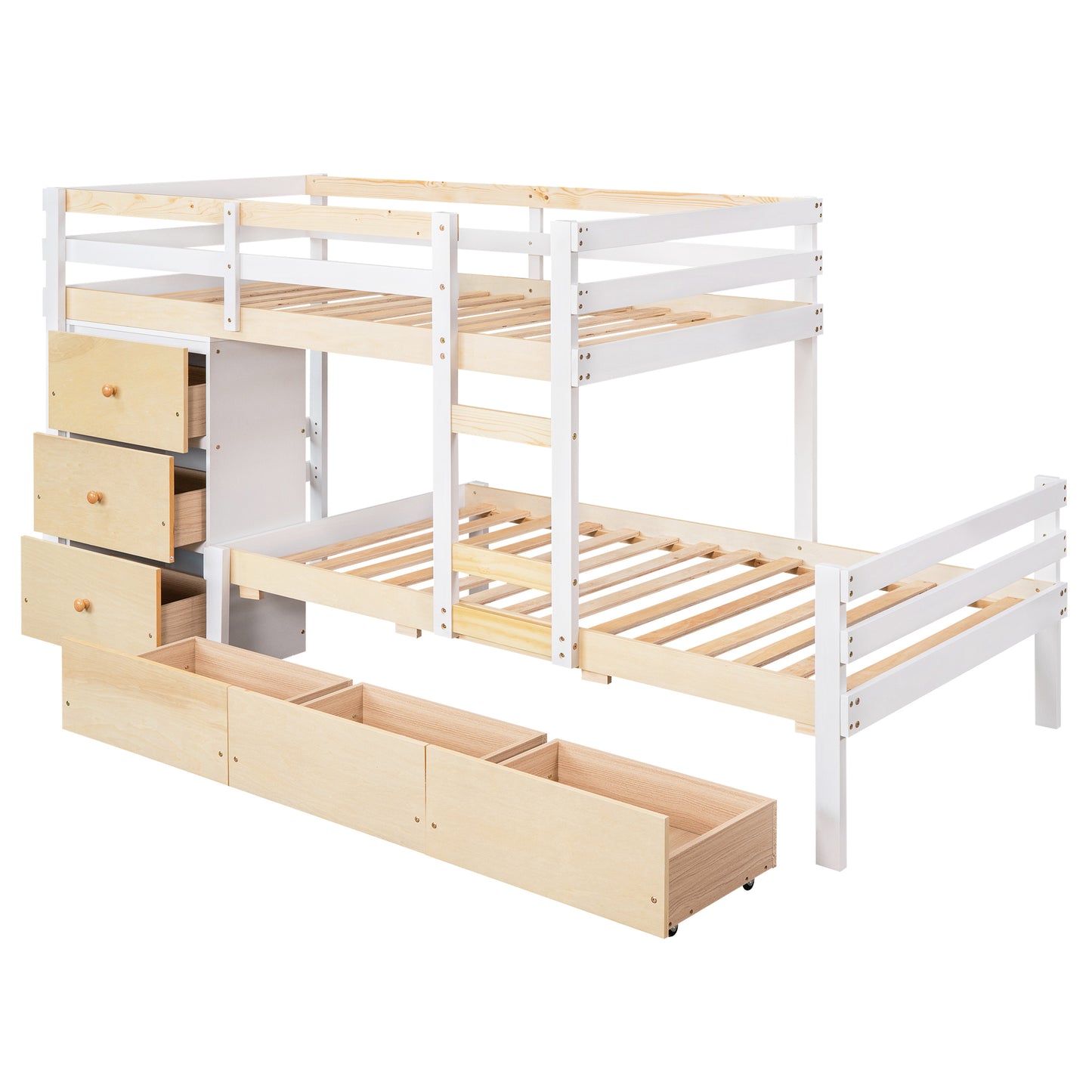 Twin over Twin Loft Bunk Bed with Drawers and Ladder, Natural