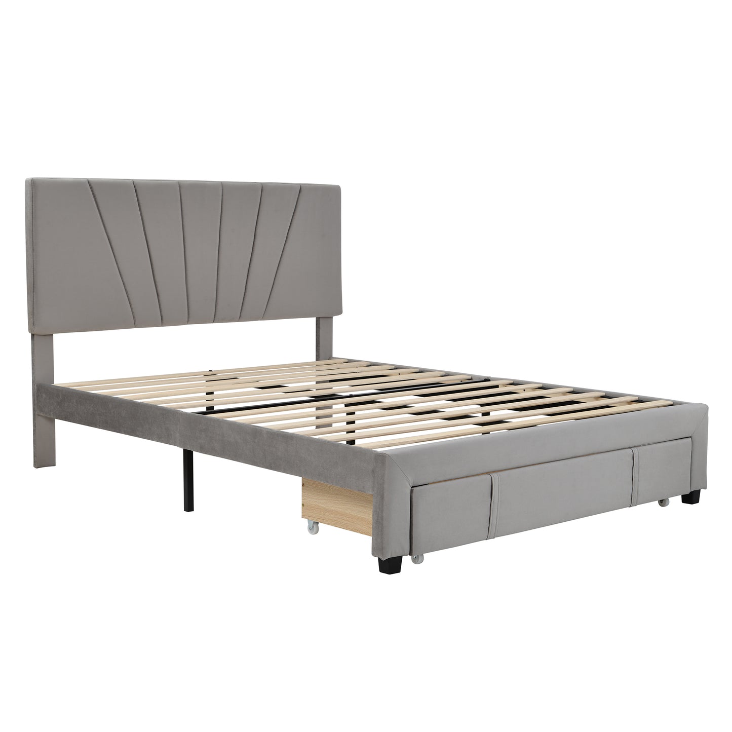 Queen Size Storage Bed Velvet Upholstered Platform Bed with a Big Drawer - Gray