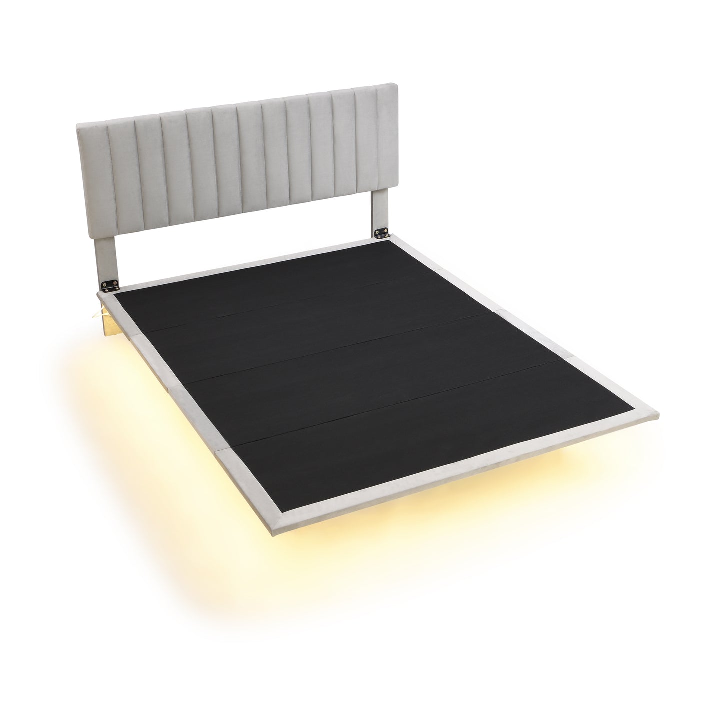 Queen Size Upholstered Bed with Sensor Light and Headboard, Floating Velvet Platform Bed, Gray