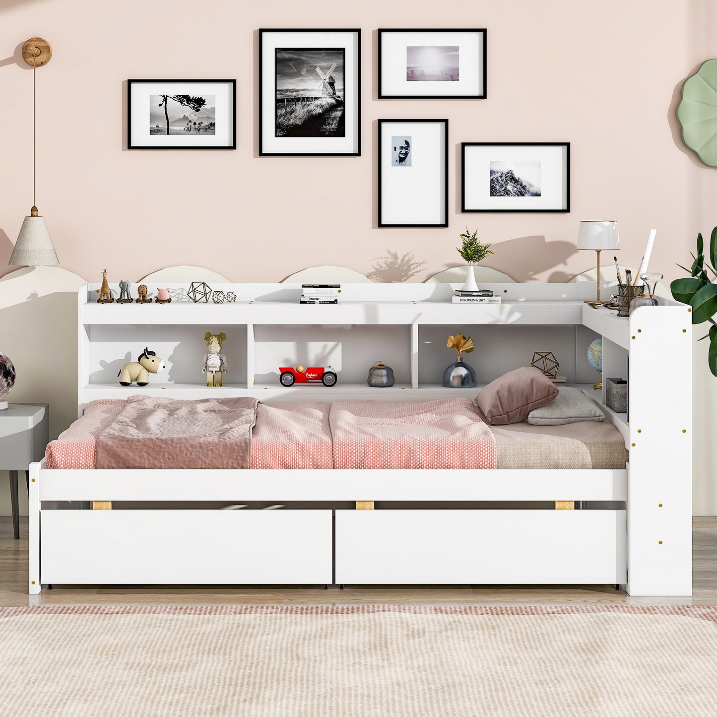 Twin Platform Bed with L-shaped Bookcases, Drawers, White