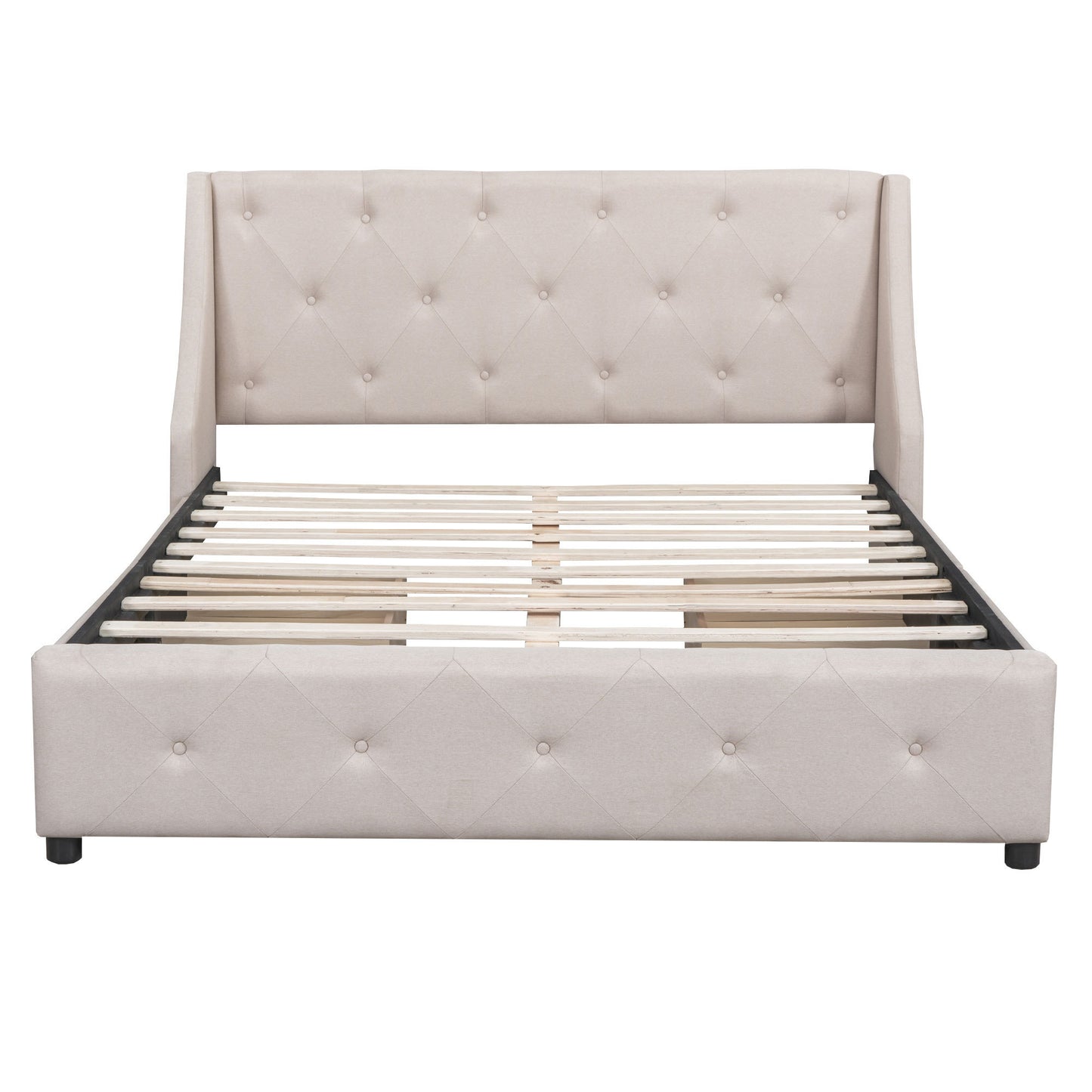 Upholstered Platform Bed with Wingback Tufted Headboard and 4 Drawers, No Box Spring Needed, Linen Fabric, Queen Size Beige