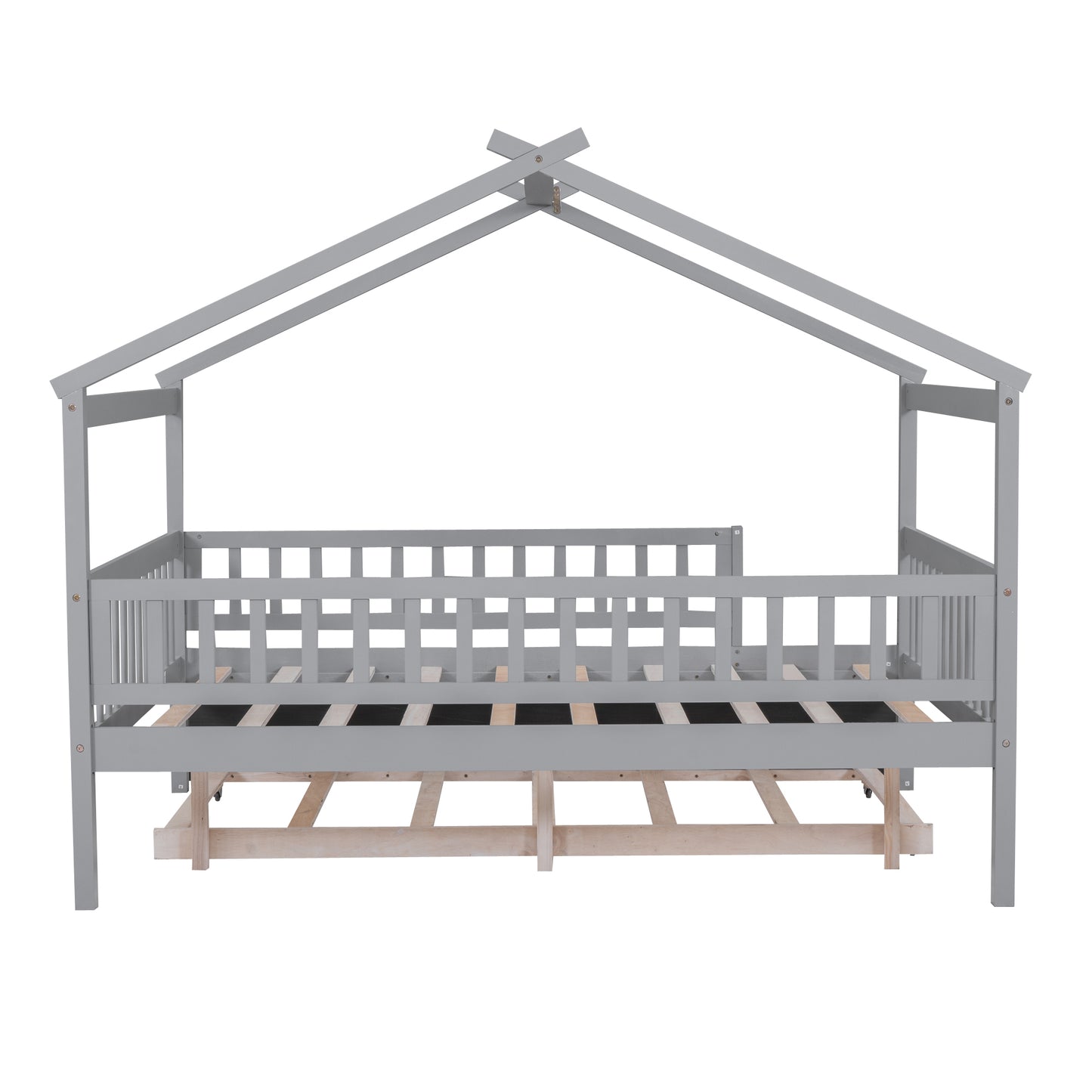 Full Size Wooden House Platform Bed with Twin Size Trundle, Gray