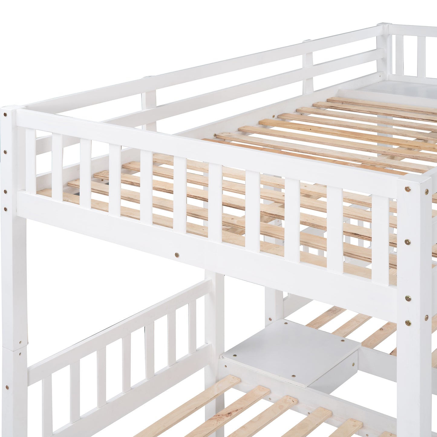 Full Over Twin & Twin Bunk Bed, Wood Triple Bunk Bed with Drawers and Guardrails, White