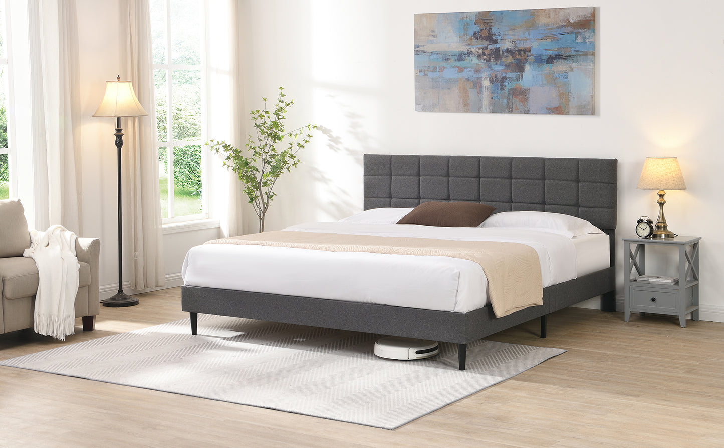 King Size Platform Bed Frame with Fabric Upholstered Headboard and Wooden Slats, No Box Spring Needed/Easy Assembly, Dark Grey