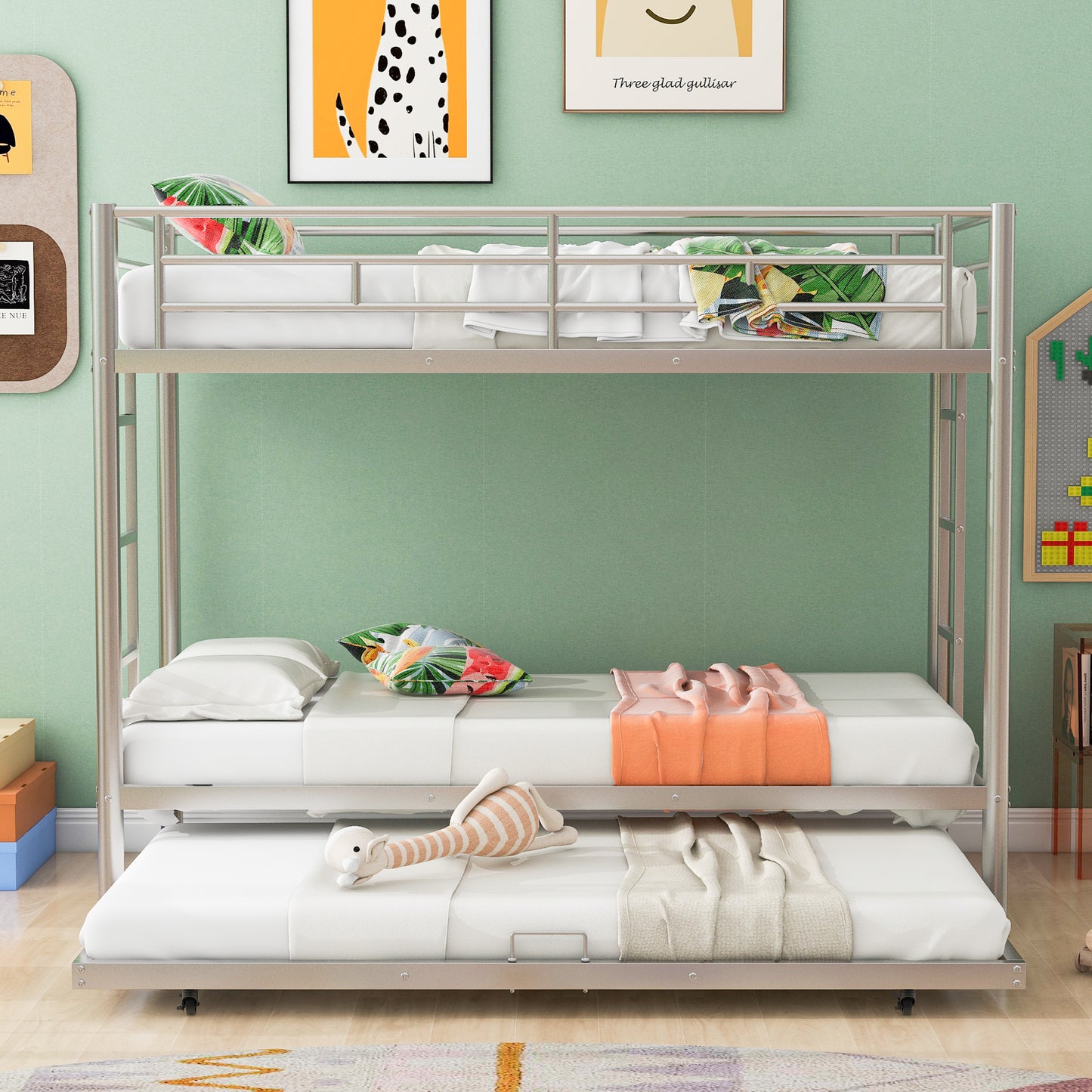 Twin over Twin Bunk Bed with Trundle, Silver