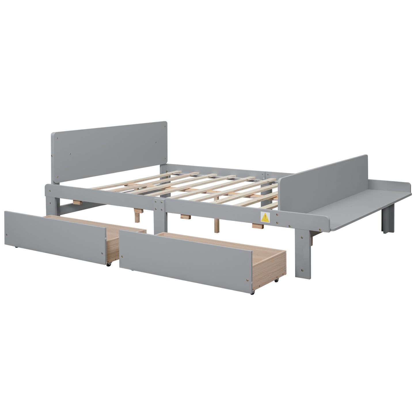 Full Platform Bed with Footboard Bench, 2 drawers, Grey