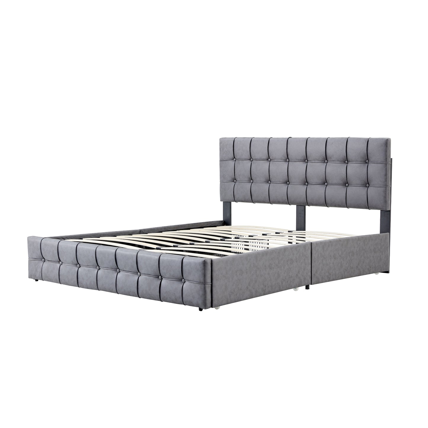 Queen Size Grey Tech cloth Button Embedded Adjustable Headboard Height Upholstered Platform Bed Frame  with 4 Storage Drawers