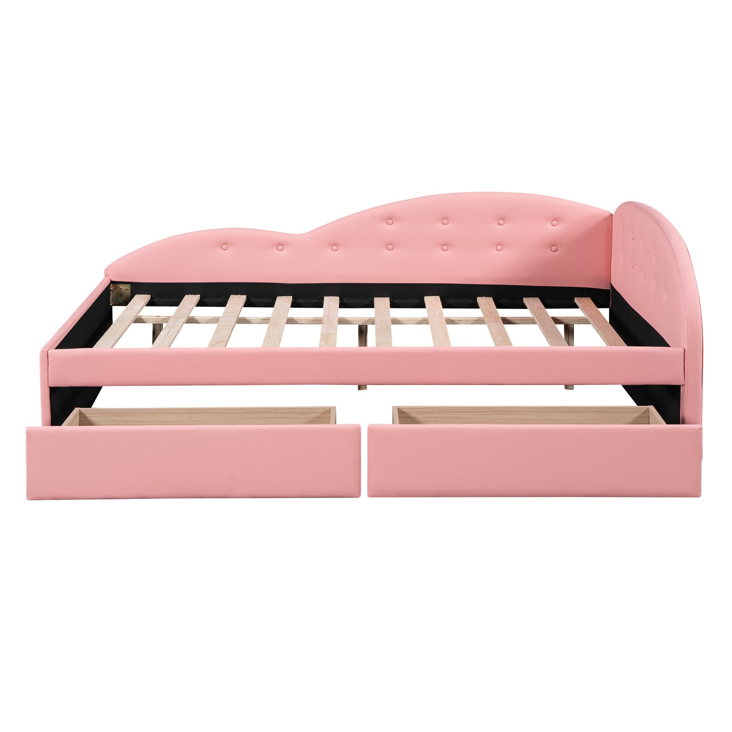 Full Size PU Upholstered Tufted Daybed with Two Drawers and Cloud Shaped Guardrail, Pink