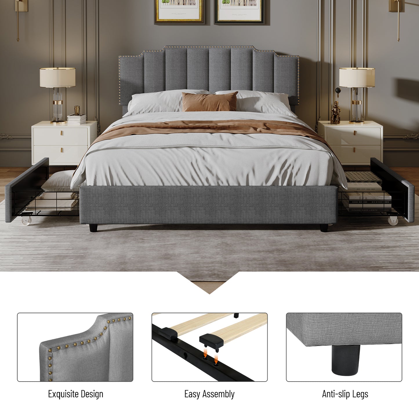 Queen Size Upholstered Platform Bed Linen Bed Frame with 2 Drawers Stitched Padded Headboard with Rivets Design Strong Bed Slats System No Box Spring Needed Grey