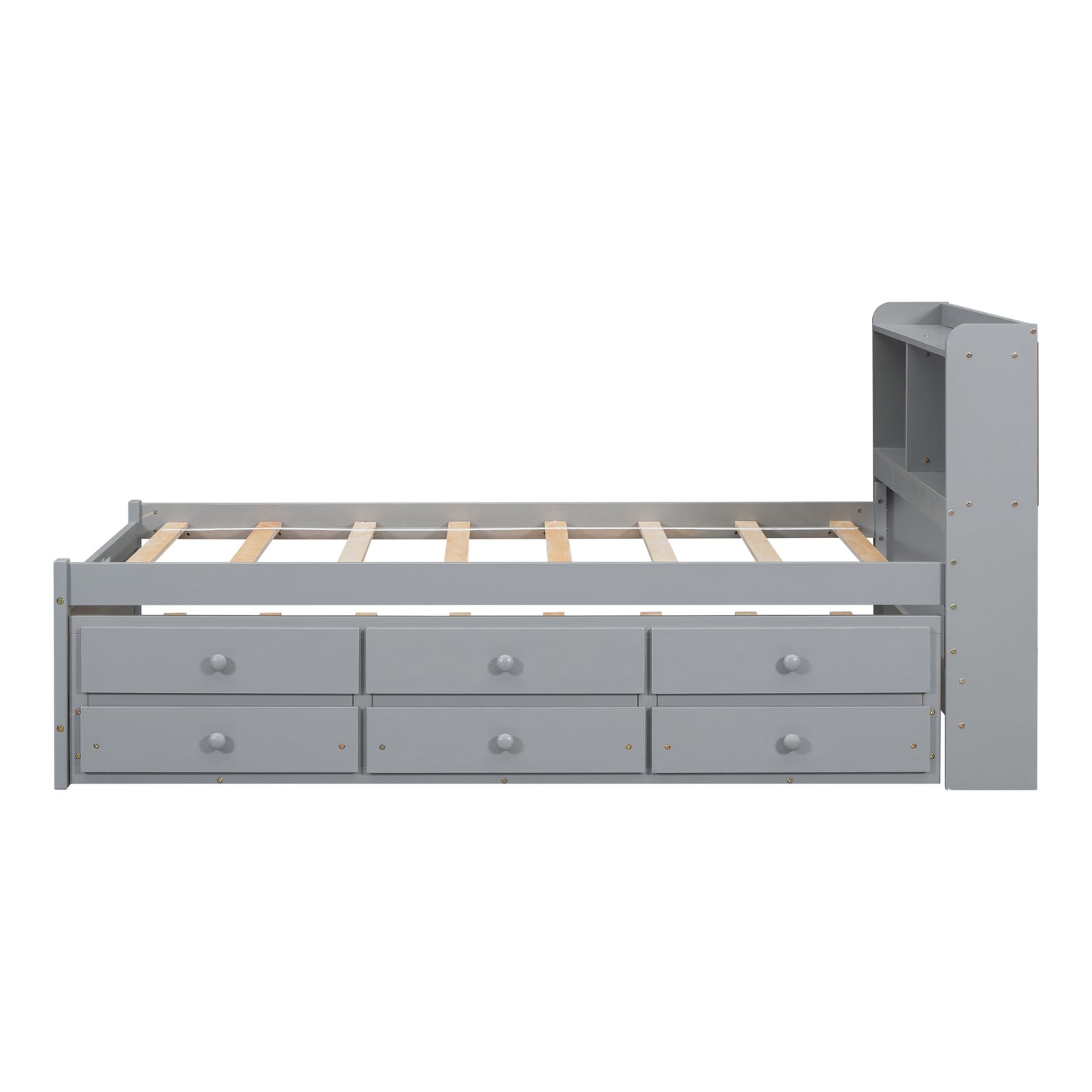 Twin Size Platform Bed with Built-in USB ,Type-C Ports, LED light, Bookcase Headboard, Trundle and 3 Storage Drawers, Grey