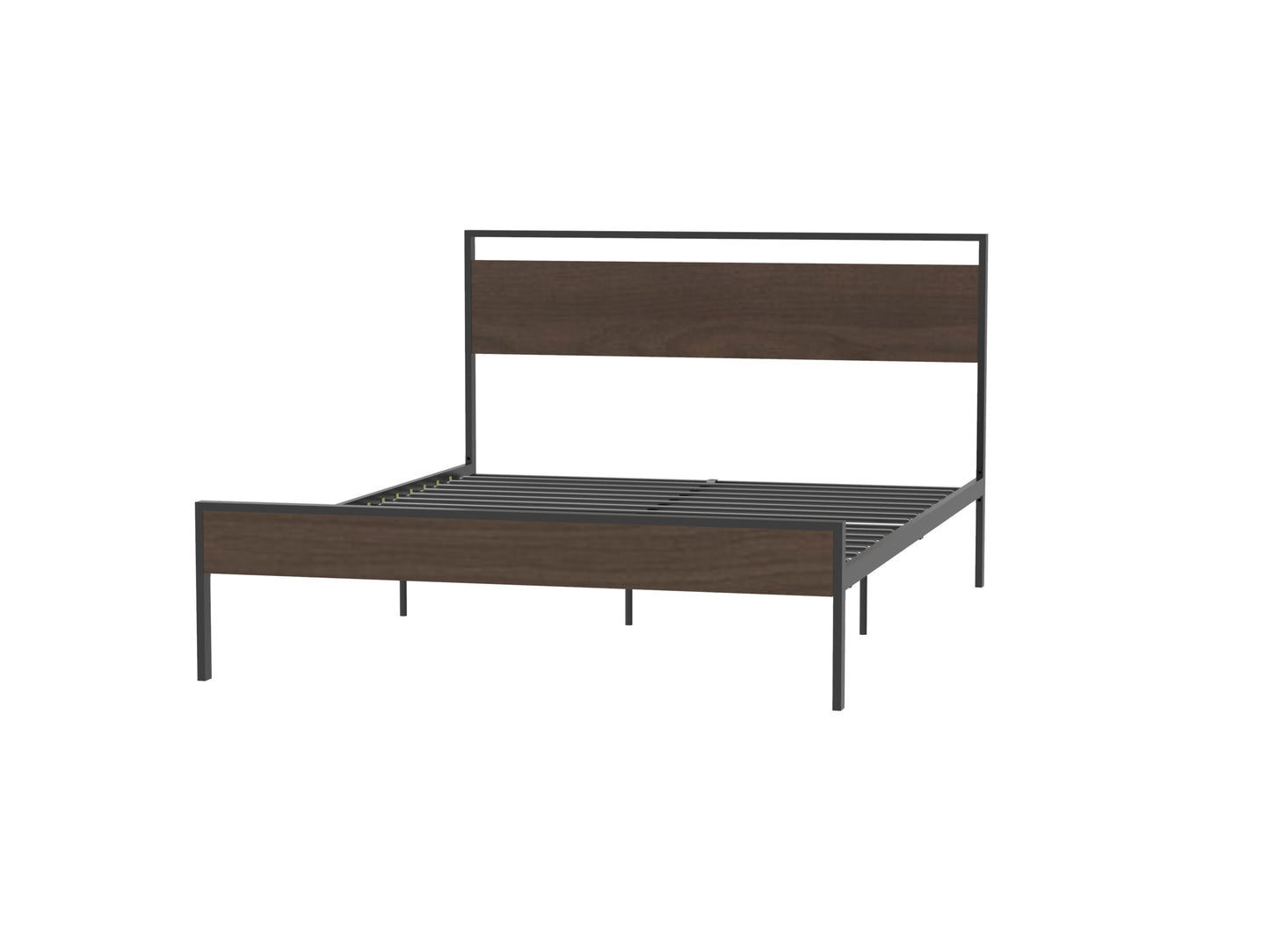 Queen Metal Platform Bed, Black with Walnut Wood Headboard&Footboard