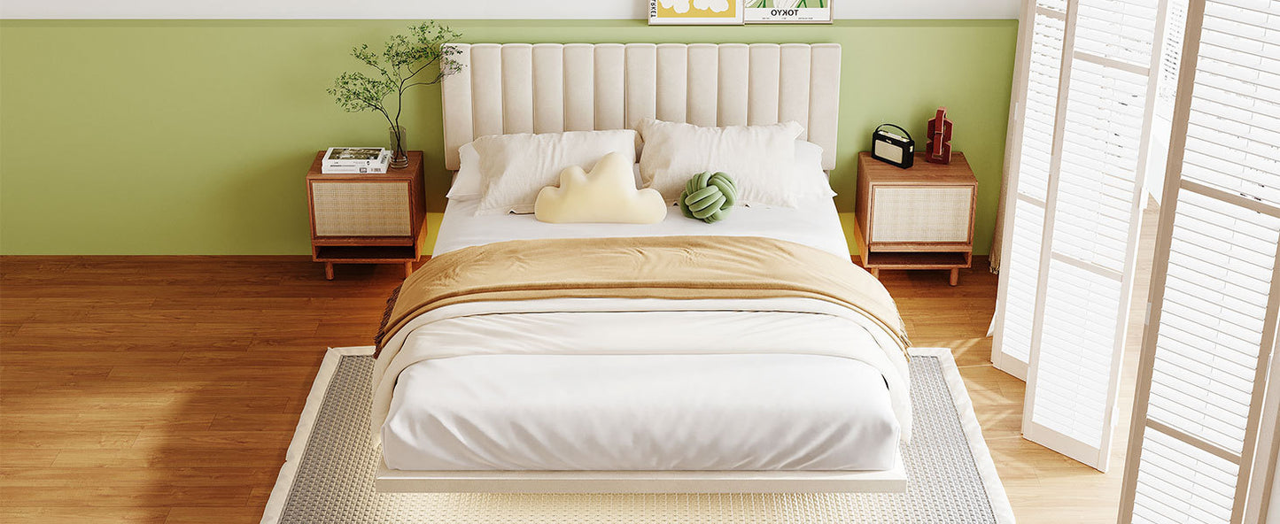 Queen Size Upholstered Bed with Sensor Light and Headboard, Floating Velvet Platform Bed, Beige