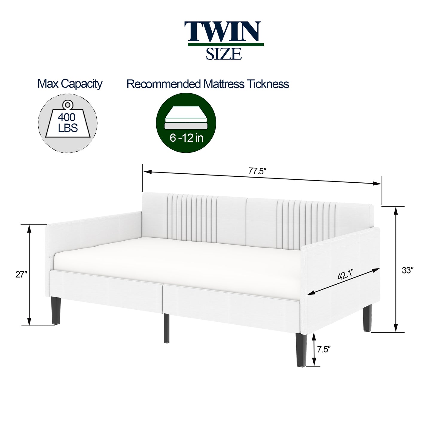 Nia Twin Size Off White Linen Upholstered Daybed, Modern-Contemporary Design, with Vertical tufting Backrest.