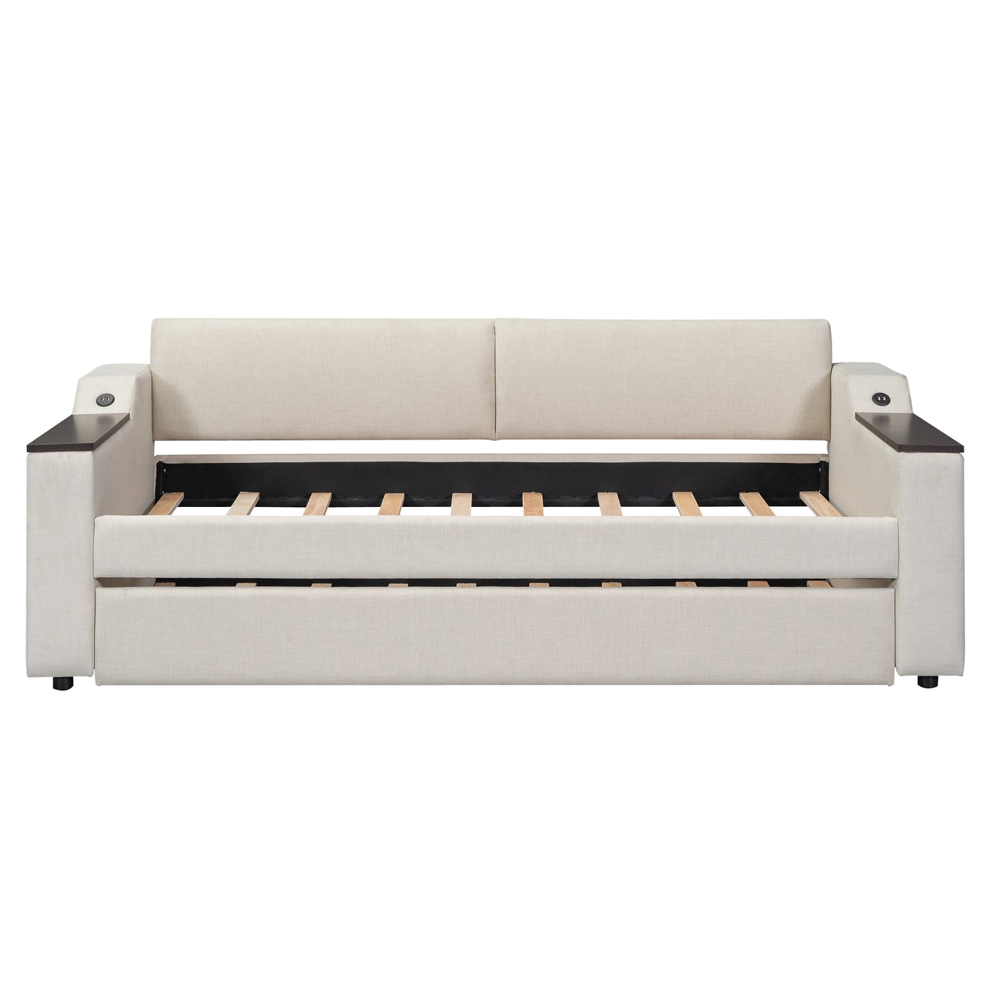 Twin Size Upholstery Daybed with Storage Arms, Trundle and USB Design, Beige