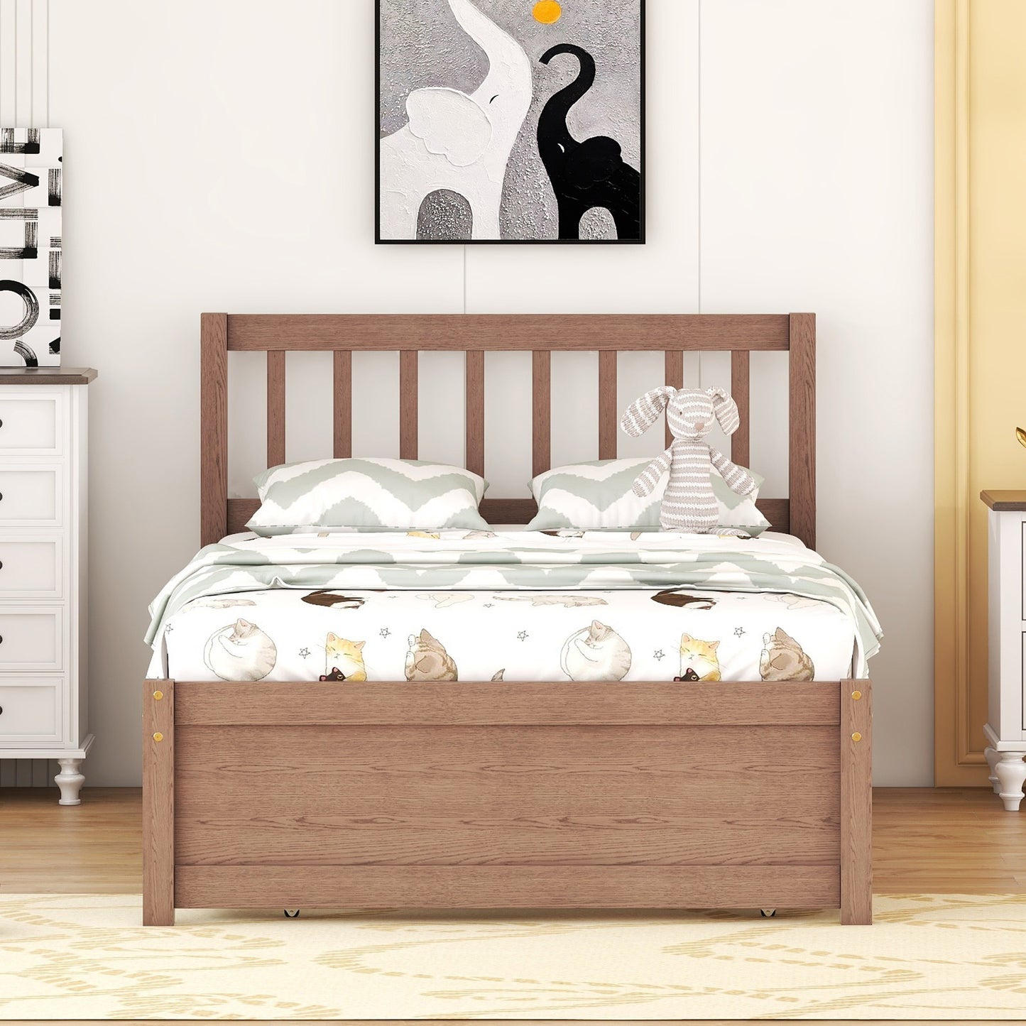 Modern Design Wooden Twin Size Platform Bed Frame with Trundle for Walnut Color