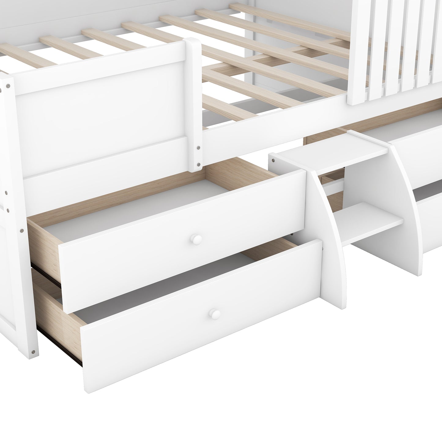 Full Size House Low Loft Bed with Four Drawers,White