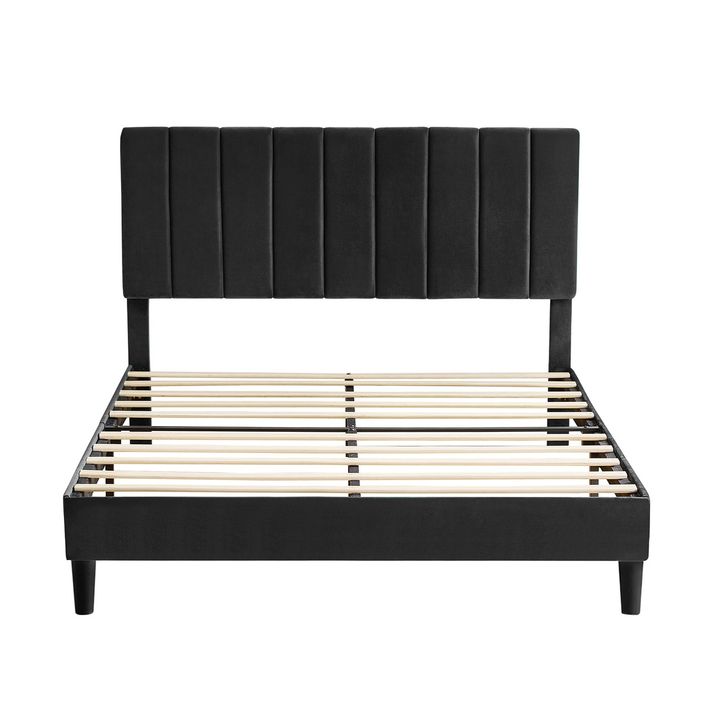 Queen Size Platform Bed with Upholstered Headboard and Slat Support, Heavy Duty Mattress Foundation, No Box Spring Required, Easy to Assemble, Black